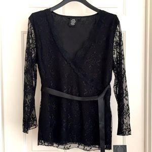 Apostrophe Women’s Top L(14-16) Black Lace Long Sleeves V-neck Waist Tie NEW